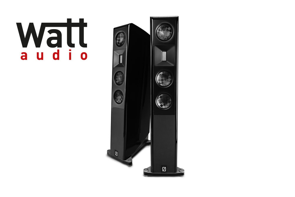 Pár stĺpových reproduktorov Børresen X3 v čiernom klavírnom laku a logo magazínu Watt-audio
