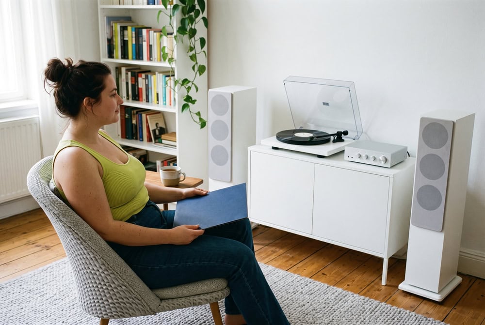 Čo je Hi-Fi: počúvate hudbu, alebo ju naozaj počujete? 2 Žena sedí v kresle oproti dvojici stĺpových reproduktorov s gramofónom a počúva hudbu