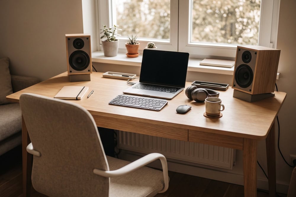 Home 9 Regálové reproduktory na pracovnom stole pri okne s notebookom a slúchadlami