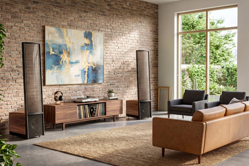 Pár elektrostatických reproduktorov MartinLogan Expression ESL 13A v obývačke s tehlovou stenou